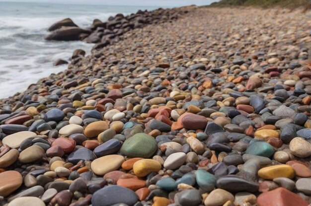 Un arc-en-ciel de pierres sur une plage à côté de l'océan