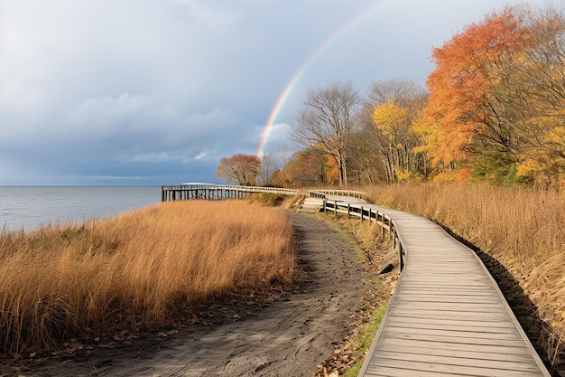 Photo un arc-en-ciel sur une promenade côtière