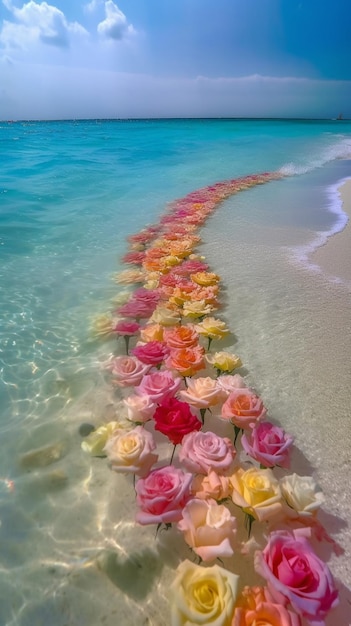Un arc-en-ciel de roses dans l'océan