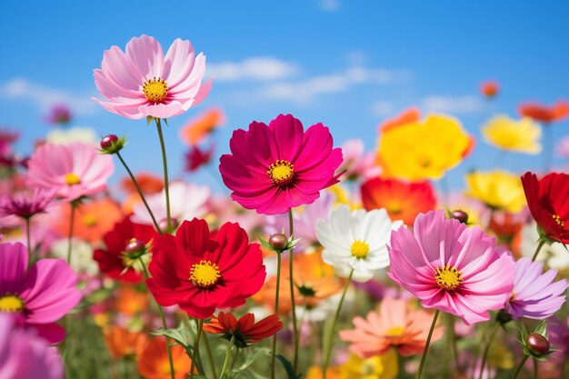 Photo un arc-en-ciel s'étendant sur un champ de cosmos ou de zinnias colorés