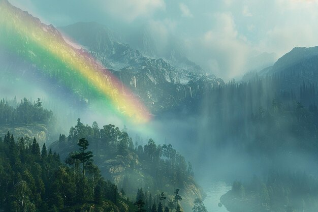 Un arc-en-ciel s'étendant sur une vallée brumeuse après une