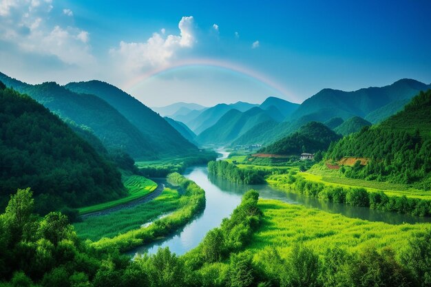 Un arc-en-ciel sur une vallée luxuriante