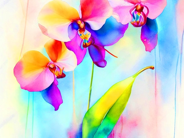 Photo l'arc-en-ciel vibrant l'orchidée avec des papillons aquarelle peinture d'arrière-plan téléchargement gratuit