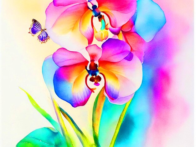 Photo l'arc-en-ciel vibrant l'orchidée avec des papillons aquarelle peinture d'arrière-plan téléchargement gratuit