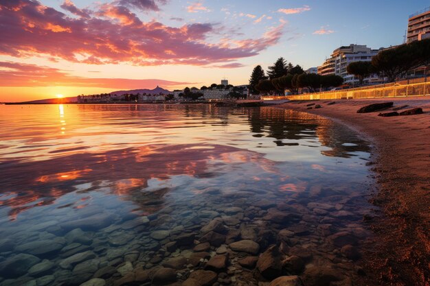 Arc-en-ciel sur une ville côtière au coucher du soleil se reflétant dans les eaux sereines IA générative