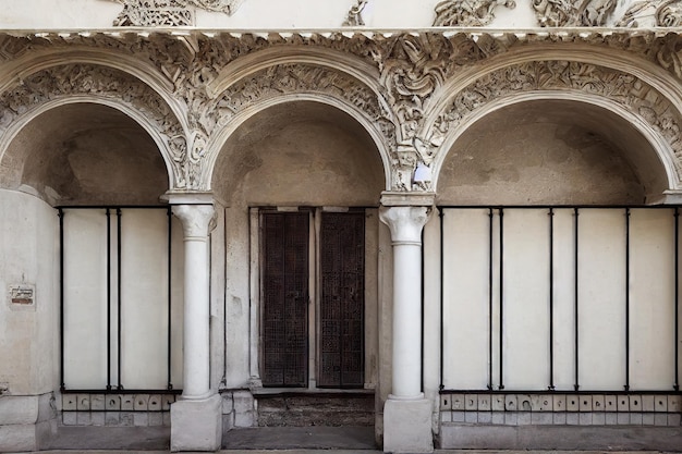 Arc avec colonnes blanches et commandes et porte médiévale