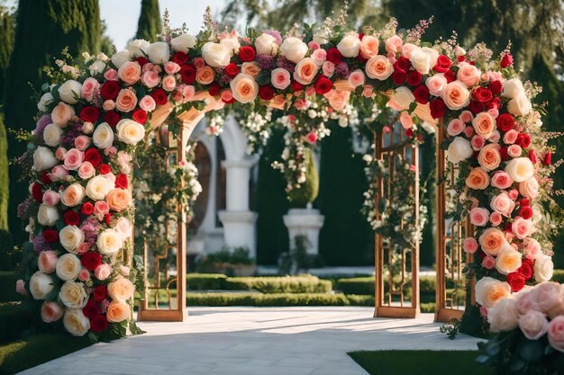 L'arc est décoré de fleurs et du mot brides.