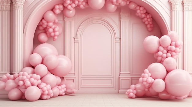 Arc d'IA génératif de ballons roses Fête d'anniversaire pour une fille Douche d'arrière-plan 3D Modèle de maquette