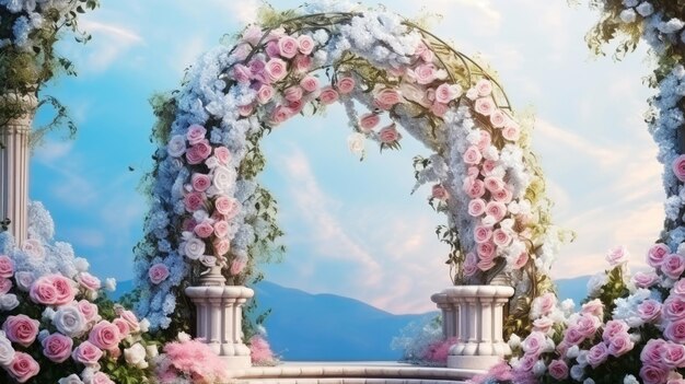 arc de mariage avec des fleurs sur un fond flou