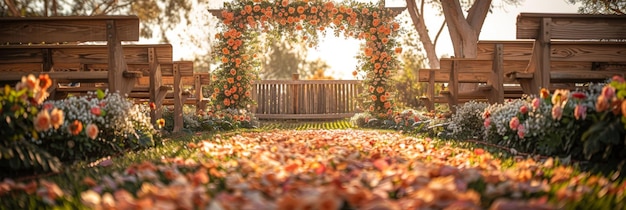 L'arc de mariage floral enchanté au coucher du soleil dans le jardin de la sérénité