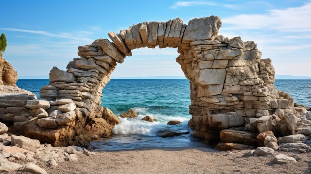 Arc de pierres sur la plage d'été de la mer