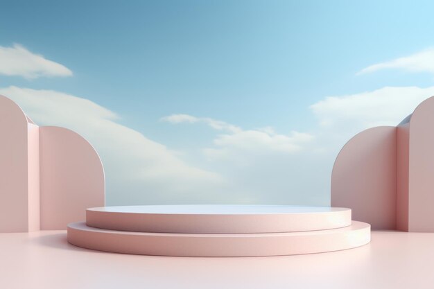 Arc de podium minimaliste avec fond de nuages dans des couleurs pastel généré par l'IA