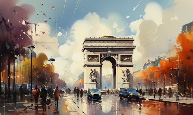 Arc de Triomphe Paris dessin à l'aquarelle à l'automne