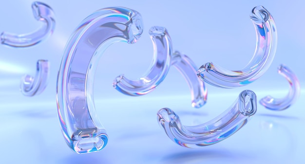 Arc de verre transparent de formes géométriques abstraites volantes ou élément de design arc-en-ciel de tube courbé ondulé avec dispersion d'effet sur fond violet bleu fond d'écran 3d moderne texture de dégradé holographique