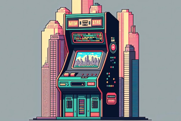 Arcade de machine à sous Pixel Art avec fond de ville dans un style rétro pour l'IA de jeu 8 bits