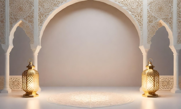 Arche arabesque blanche avec une lanterne dorée et des lumières brillantes sur un fond plat