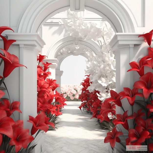 Une arche blanche avec des fleurs rouges et une fleur rouge dessus.