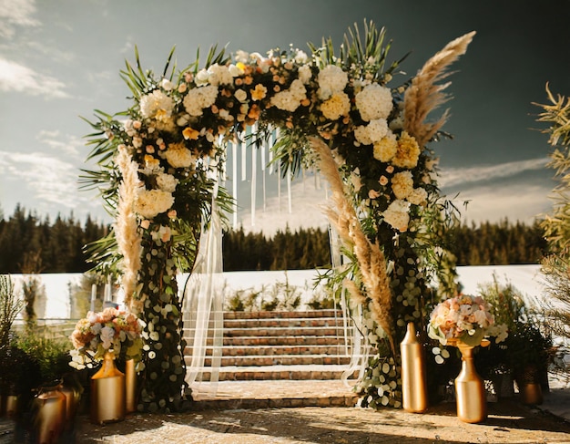 arche décorations de moment de mariage autel de mariage fait de fleurs fraîches