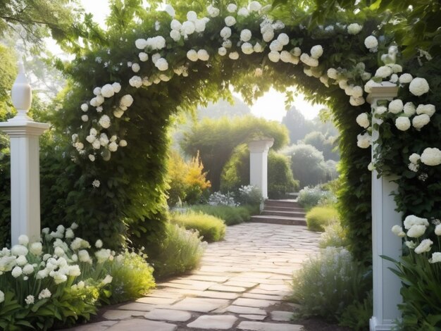 Une arche florale blanche menant à un jardin ouvert