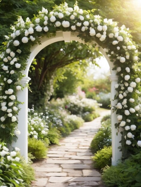 Une arche florale blanche menant à un jardin ouvert