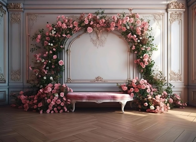 Une arche florale avec des roses roses dessus