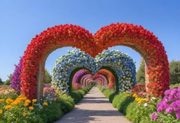 une arche en forme de cœur faite de fleurs avec un cœur au milieu