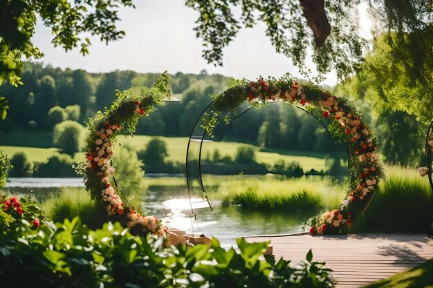 Photo une arche en forme de cœur avec des fleurs sur un pont en bois