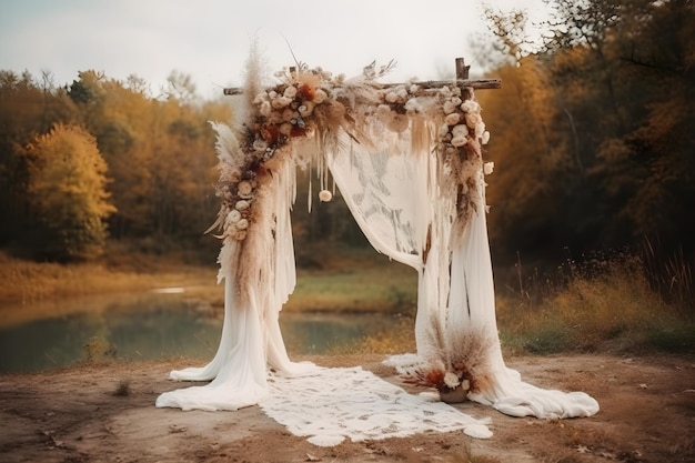 Arche de mariage Boho décorée avec de la gaze en étamine Une superbe superposition de studio de vue de face