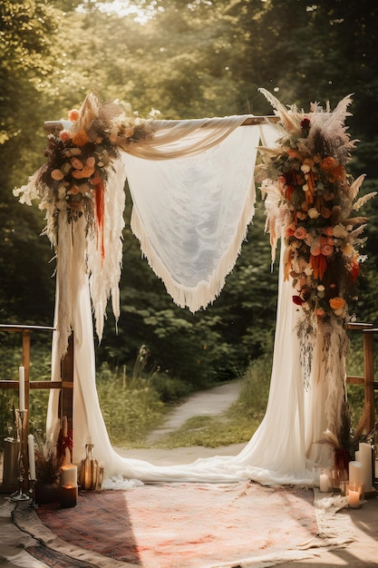 Arche de mariage Boho décorée avec de la gaze en étamine Une superbe superposition de studio de vue de face