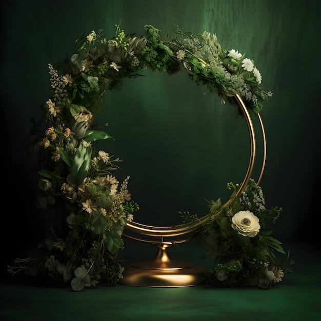 Arche de mariage en cercle doré avec superposition de fleurs vertes Superbe toile de fond de studio pour votre journée spéciale