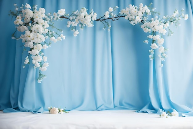 Une arche de mariage décorée de fleurs sur un fond de tissu de rideau