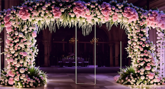 Une arche de mariage décorée de fleurs et de verdure