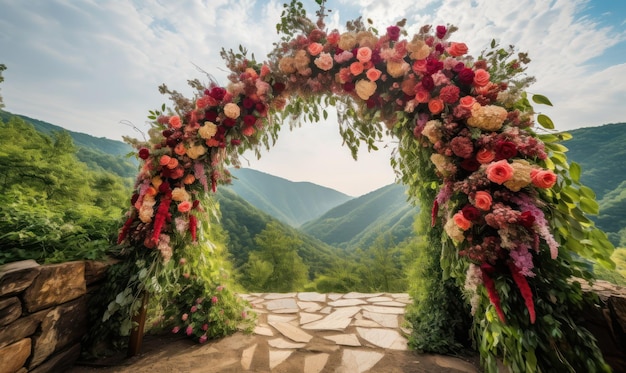 Une arche de mariage avec des fleurs dessus