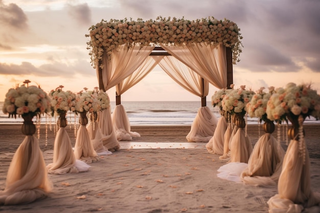 Arche de mariage avec des fleurs sur la plage