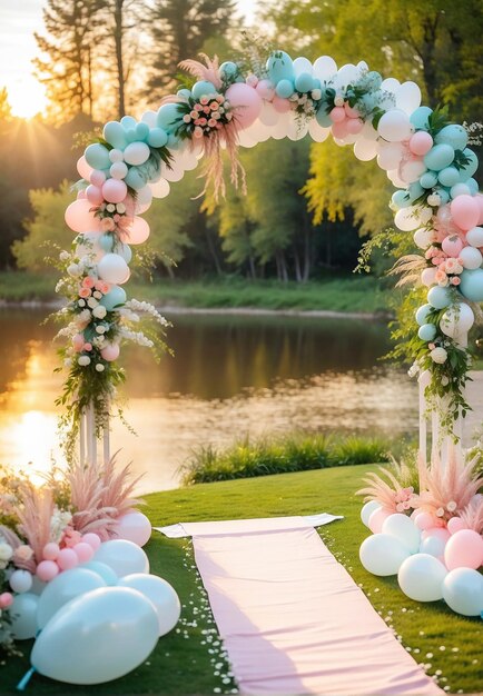 Arche de mariage pour des séances photo sur une pelouse au bord d'un lac