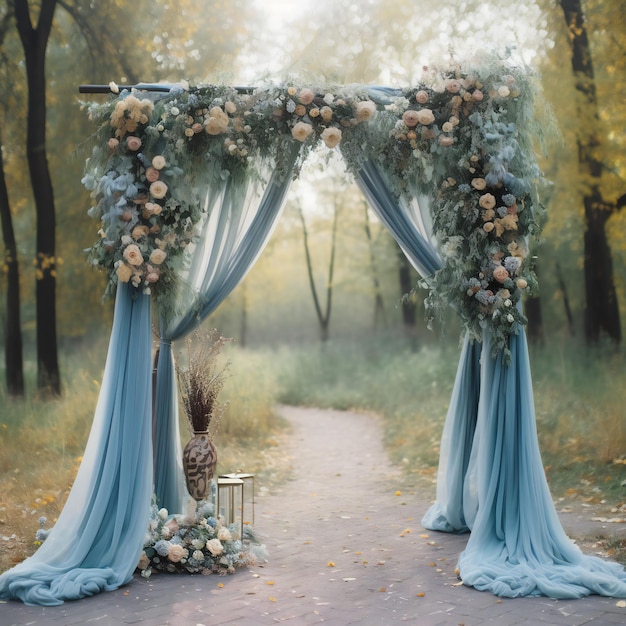 Une arche de mariage avec un rideau blanc et bleu et des fleurs