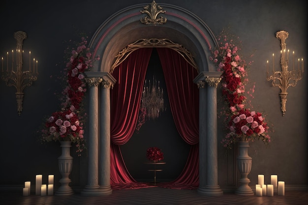 Arche de mariage avec rideaux rouges et bougies Generative AI