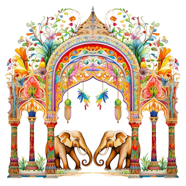 Photo arche moghole éléphants indiens peinture décorative avec des éléphantes et des plantes