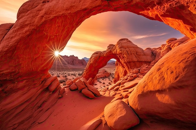 Arche naturelle avec des formations rocheuses rouges au coucher du soleil dans le désert créé avec ai générative
