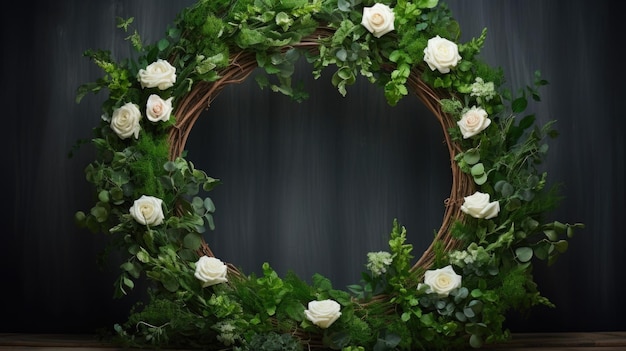 Une arche naturelle et organique de roses en fleurs et de verdure encadre un podium en bois amélioré par un