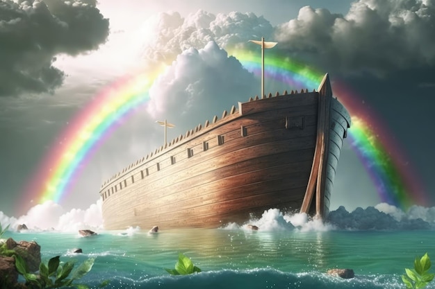 Arche de Noé dans l'eau et arc-en-ciel en arrière-plan AI