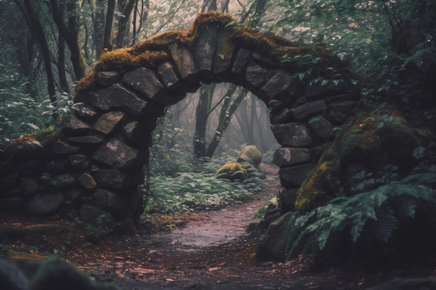 une arche de pierre au milieu d'une forêt