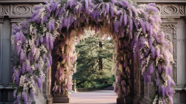 Une arche en pierre dans le mur décorée de fleurs violettes et roses de style vintage