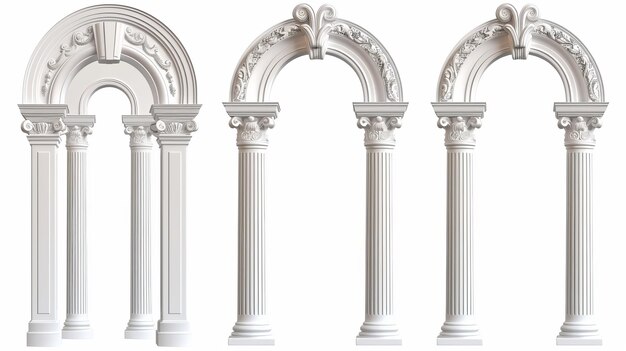 Arche romaine faite d'argile blanche avec décoration ornée décorative Réaliste 3D illustration moderne ensemble de pierre grecque pilier du bâtiment du temple porte ou décor de fenêtre Chaque arc est décoré avec