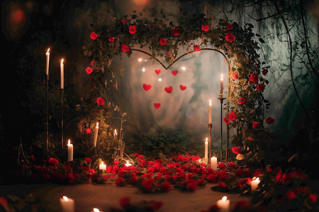 Arche rose enchantée avec des lumières de cœur et des bougies