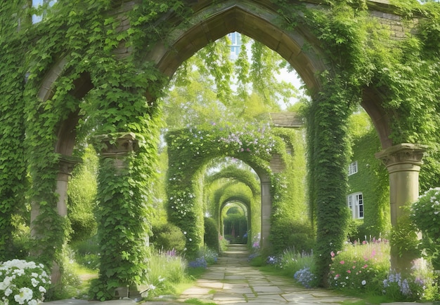 Arche verte utilisée comme clôture dans un jardin de campagne