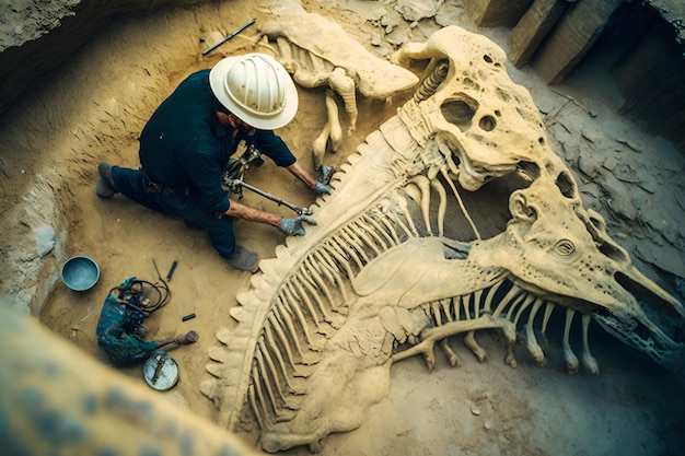 L'archéologue travaille sur un site archéologique avec un squelette de dinosaure dans des fouilles de tyrannosaure fossile de pierre murale Réseau de neurones généré par l'IA