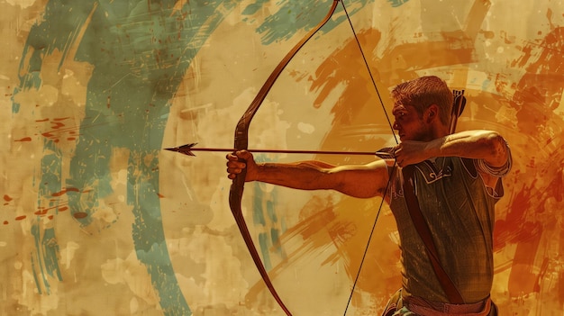 Photo archer dans une pose dynamique dessinant un arc dans un style d'art abstrait