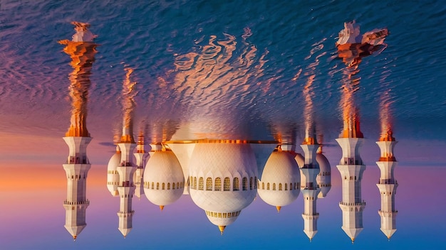 Les arches de la grande mosquée Sheikh Zayed se reflètent dans l'eau devant elle.