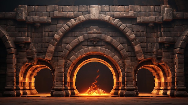 Arches en pierre de l'Antiquité classique avec flammes. Ai générative.